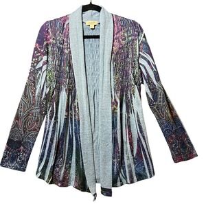 Me World Boho Open Front Cardigan Jacket L Multicolor Paisley Print Smocked Back